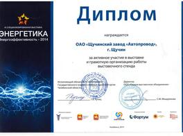 Диплом за активное участие в VI специализированной выставке Энергетика. Энергоэффективность-2014, г.Челябинск, РФ